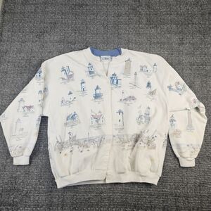 White Lighthouse Print Cardigan XL vintage 80s Retro 90s Sweater Grannycore